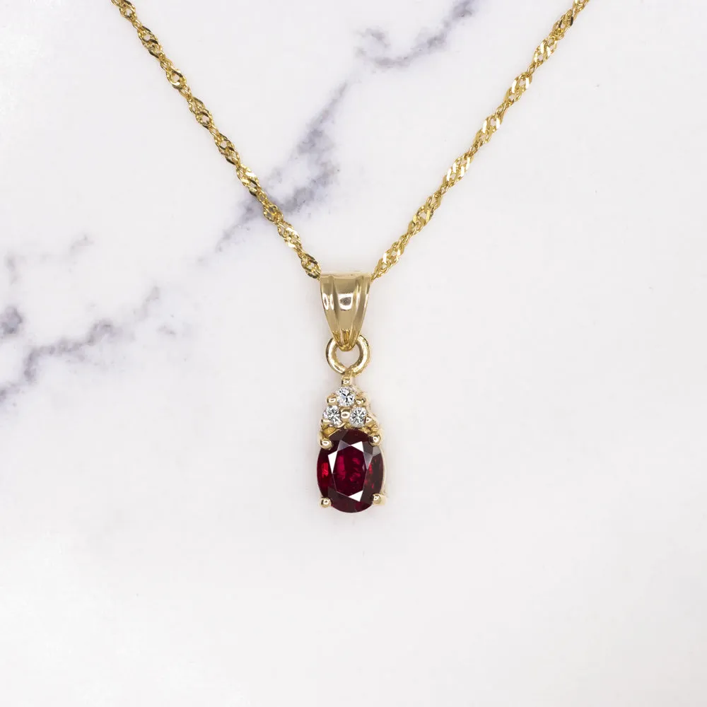 RUBY DIAMOND PENDANT NECKLACE 18k YELLOW GOLD OVAL SHAPE NATURAL RICH RED GIFT