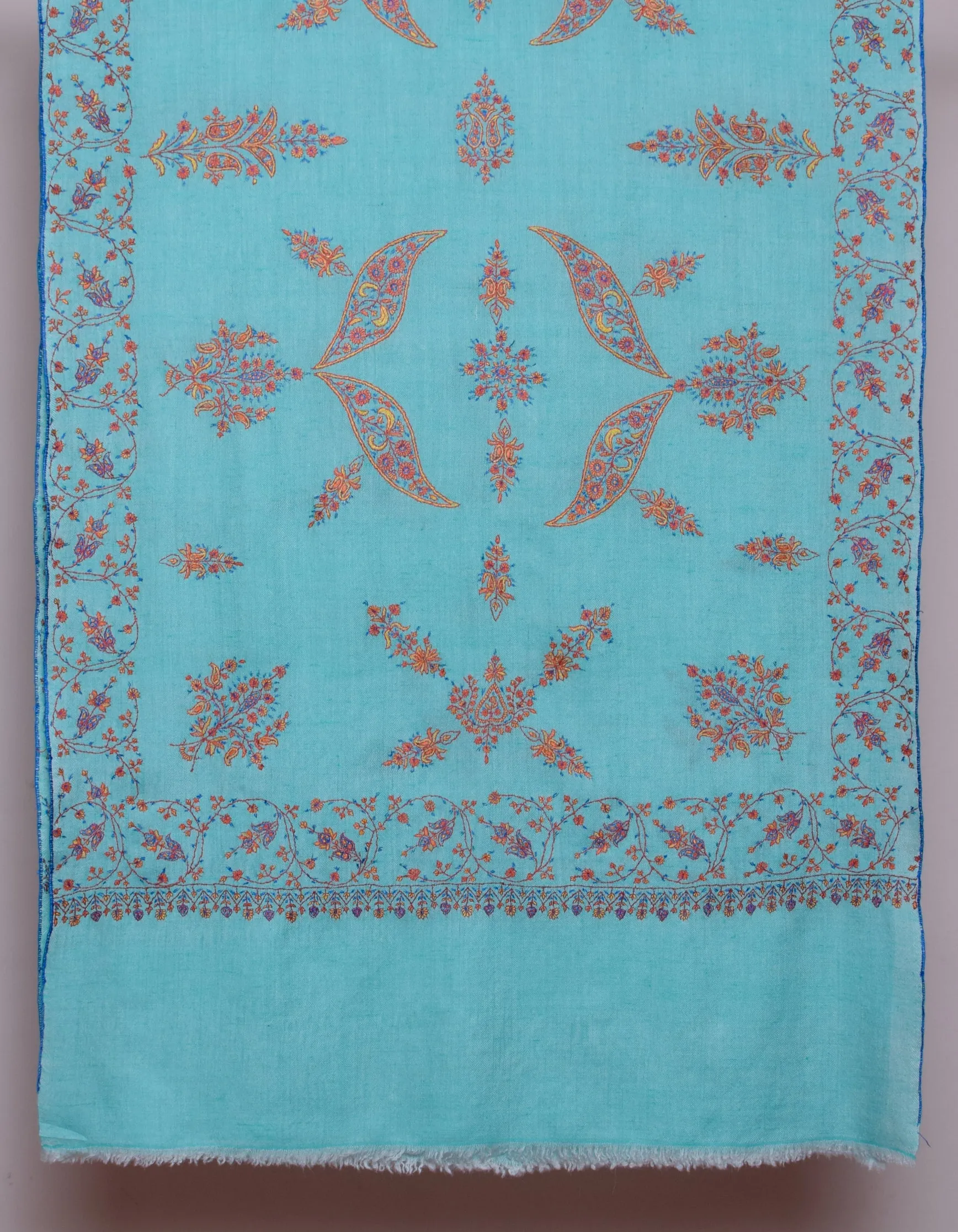 Seafoam Green Handwoven Sozni Floral Embroidered Cashmere Pashmina Stole