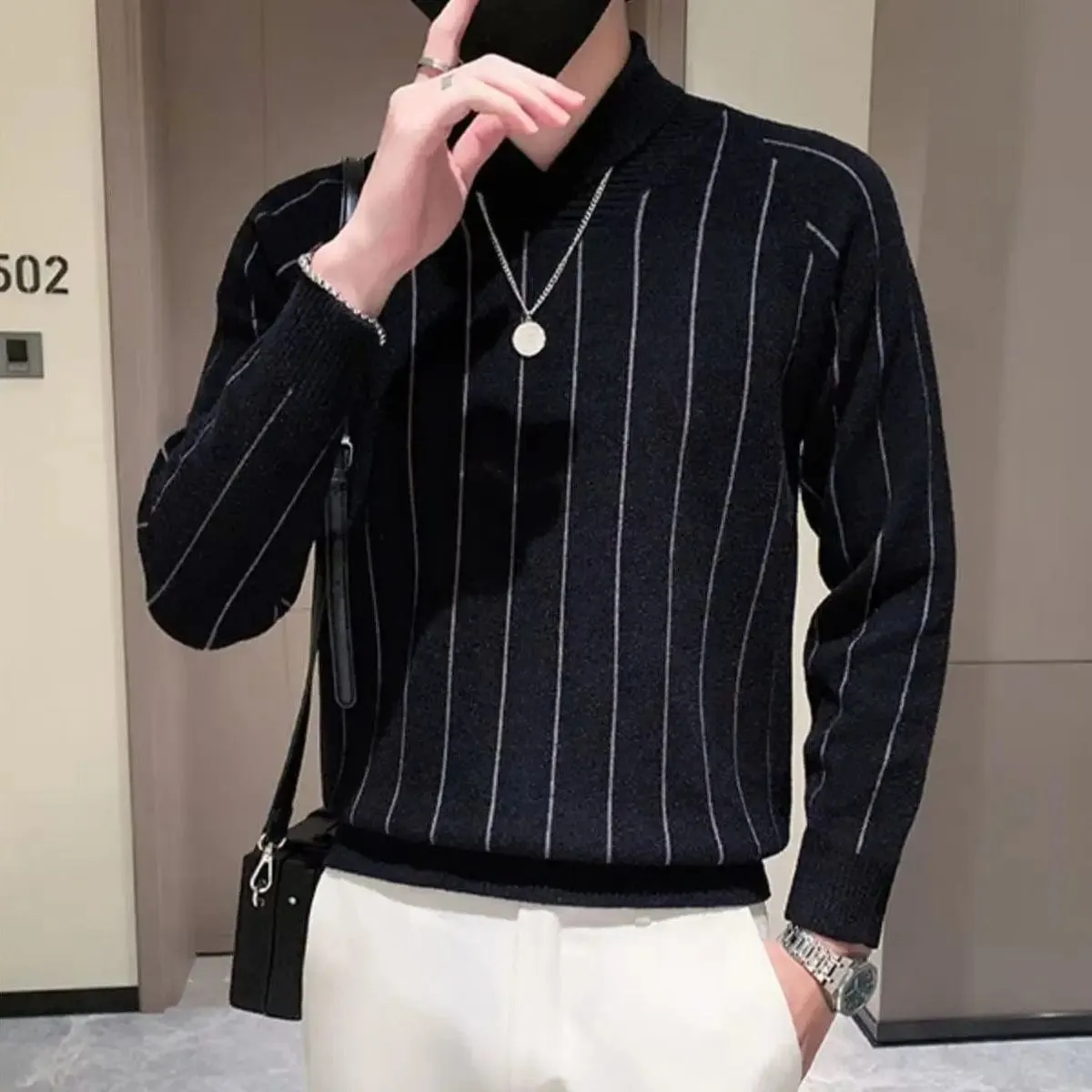 Striped Half High Collar Knit Sweater: Casual Wool Pullover for Men, Warm Jumper Top