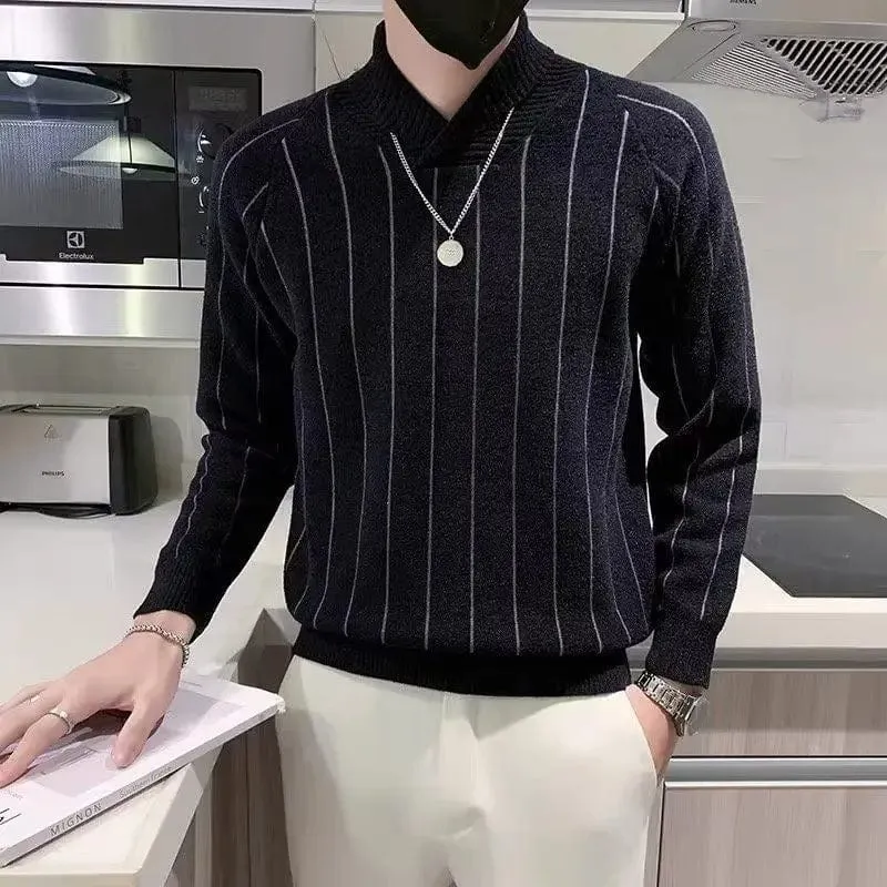 Striped Half High Collar Knit Sweater: Casual Wool Pullover for Men, Warm Jumper Top