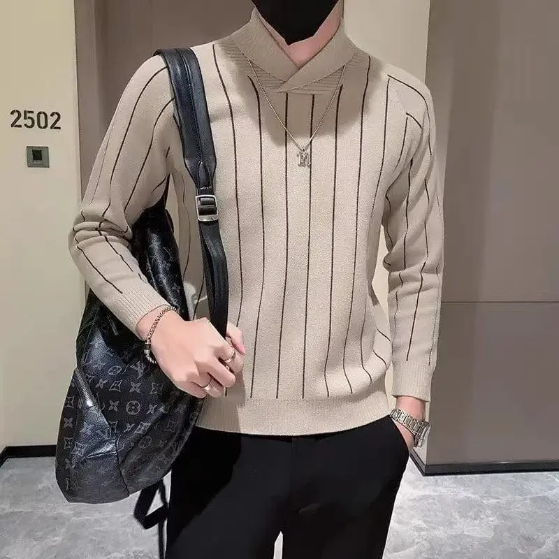 Striped Half High Collar Knit Sweater: Casual Wool Pullover for Men, Warm Jumper Top