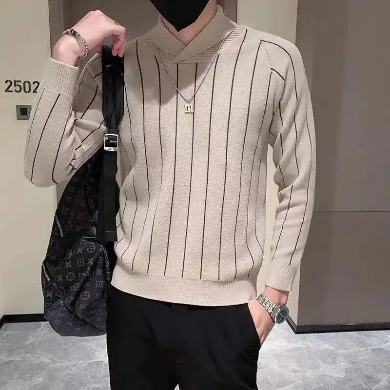 Striped Half High Collar Knit Sweater: Casual Wool Pullover for Men, Warm Jumper Top