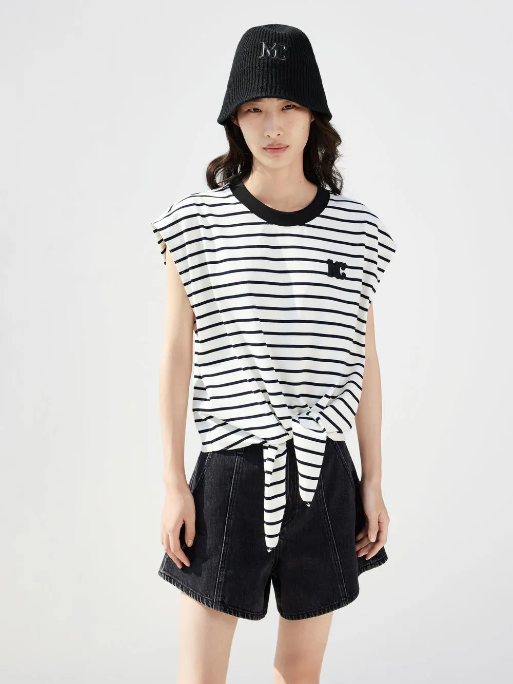 Striped Sleeveless Knot T-Shirt