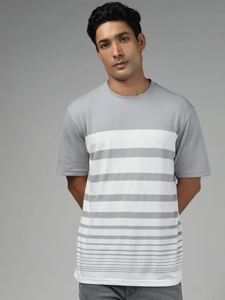 WES Lounge Grey Striped Cotton Blend Relaxed-Fit T-Shirt