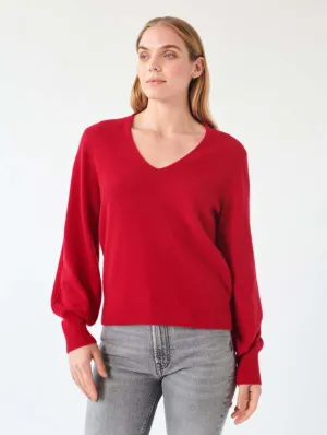 White   Warren - Cashmere Blouson Sleeve V Neck in True Red