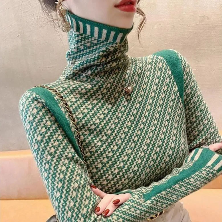 Women's Elegant Striped Slim Fit Sweater – Casual Mock Neck Pullover for Office & Chic Style