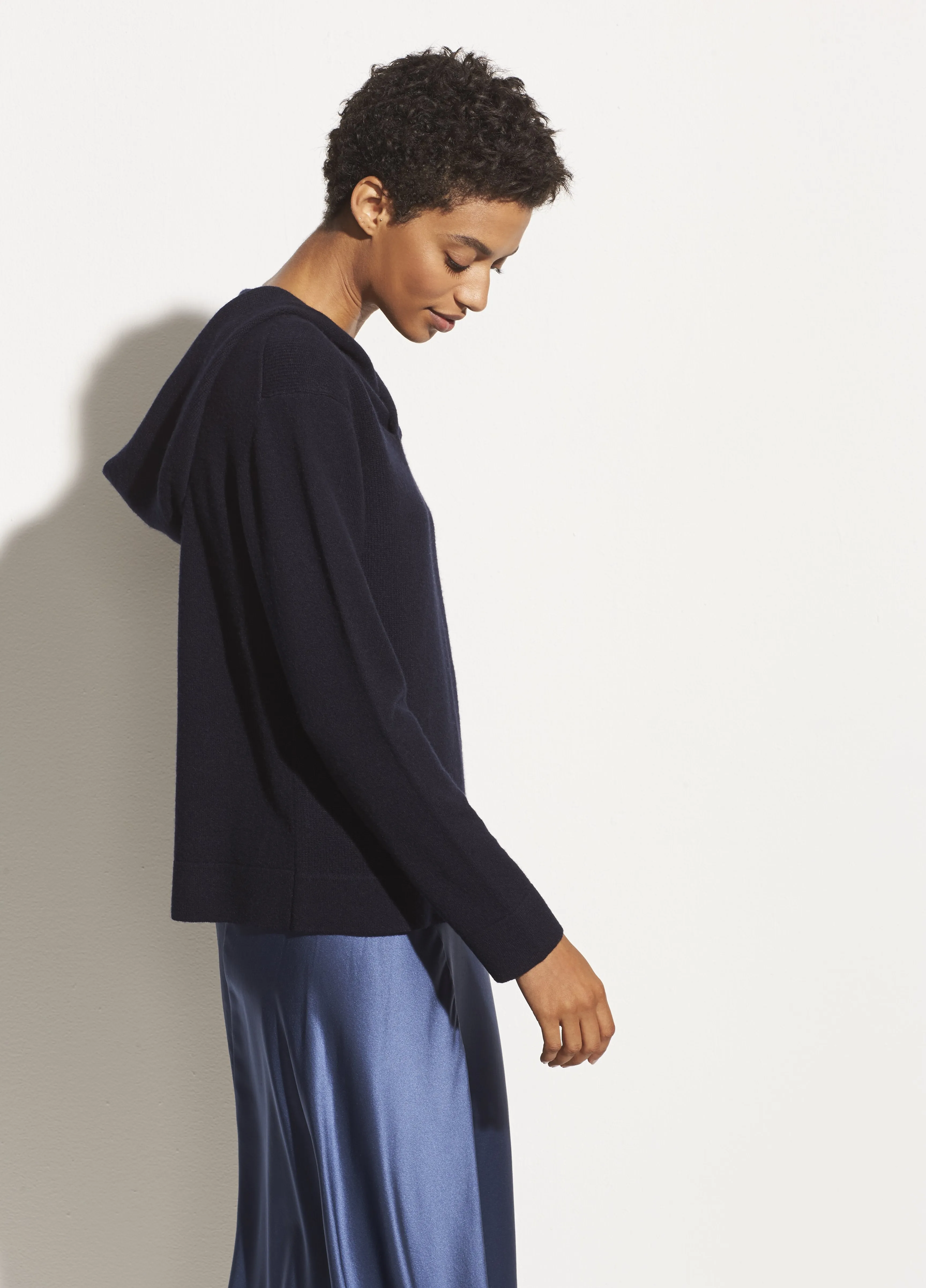 Wool Cashmere Cross Front Hoodie in Coastal Blue